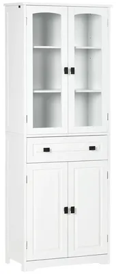 Obrázok produktu pre Samostatná kuchynská skrinka – vysoká skrinka – drevo, 60 × 30 × 160 cm – 2 nastaviteľné police a zásuvka – sklenené dvierka – starožitný úchyt – biela farba