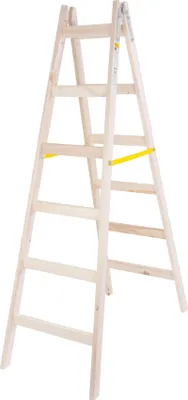 A wooden A-frame ladder against a white background.