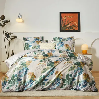 Obrázek produktu pro Saténové povlečení 135x200 cm, motiv listů, 2dílné, se zipem. Povlak na polštář 80x80 cm, 100% polyester