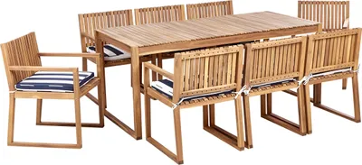 Produktbild von BELIANI Gartenmöbel Set 8-Sitzer Hellbraun es Akazienholz Tisch mit 8 Stühlen und Sitzkissen Marineblau Rustikal Modern Terrasse Garten
