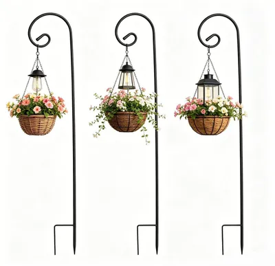 Image de Schäferhaken pour jardin, lot de 3, 120 cm, en métal, avec crochets pour cages à oiseaux et paniers de plantes