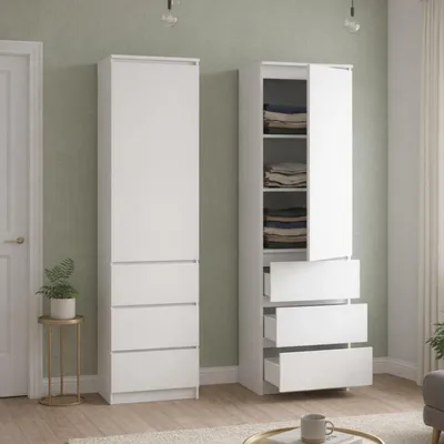 Produktbild von Kleiderschrank, Garderobenschrank, Mehrzweckschrank mit 3 Einlegeböden & 3 Schubladen | kompakter und funktionaler Schrank für Schlafzimmer, Flur oder Arbeitszimmer | 50x40x180 cm (BxTxH) | Weiß
