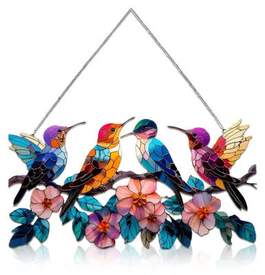 Produktbild von Vogeldekoration, Fensterdeko Hängend Modern – Wanddeko aus Metall mit vier Vögeln in Harmonie mit Blumen und Blättern