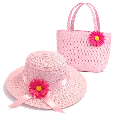 Productafbeelding van com-four® Zomerhoed voor meisjes met tas – Strohoedenset voor kinderen met bloem