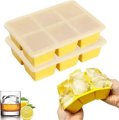 Image de Bacs à glaçons en silicone, grands, lot de 2, jaunes, sans BPA, empilables, lavables au lave-vaisselle