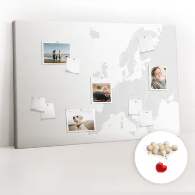 Obrázok produktu pre Korková tabuľa Tabuľa na poznámky Tabuľa na špendlíky - učebná pomôcka 120x80 cm - 100ks drevených  kolíkov - Mapa Európy