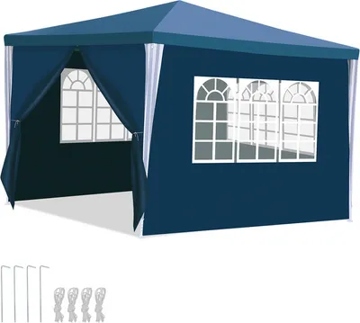 A blue gazebo with white curtains and windows, shown from a front-side angle, with stakes and ties in the foreground.