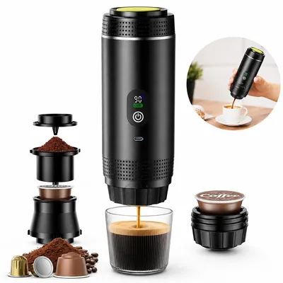 Produktbild von Tragbare Espressomaschine mit Akku, mobile Kaffeemaschine 20 Bar für Auto und Camping, USB wiederaufladbar, kompatibel mit Kaffeekapseln und Kaffeepulver