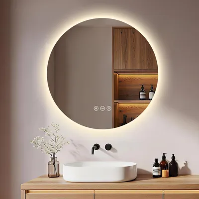 Produktbild von Badspiegel mit Beleuchtung Rund 60 cm, S'AFIELINA LED Spiegel, dimmbar, 3 Lichtfarben, Antibeschlag, Touch, Speicherfunktion, IP65,wasserdicht für Bad