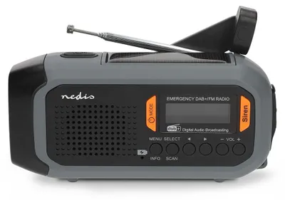 Produktbild von Nedis Notfallradio - Tragbare Ausführung - DAB+ / FM - Batteriebetrieben / Netzstromversorgung / Solar Powered - Weckerfunktion - Grau / Orange / Schwarz