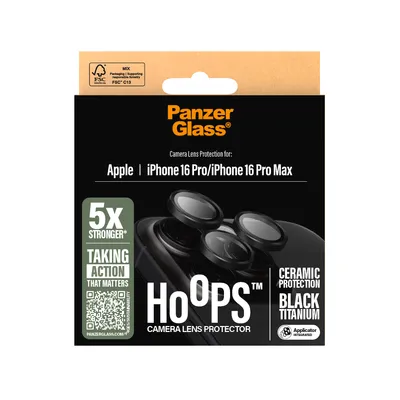 Produktbild von PanzerGlass ® Hoops® Ceramic Kameraschutz iPhone 16 Pro | 16 Pro Max, Apple, Apple - iPhone 16 Pro, Apple - iPhone 16 Pro Max, Trockene Anwendung, Kratzresistent, Schockresistent, Schwarz, 1 Stück(e)