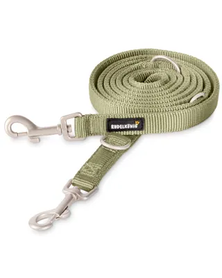 A khaki-colored dog leash coiled on a white background.