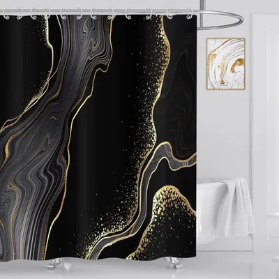 Produktbild von Duschvorhang in Marmoroptik, schwarz-gold, 180 x 200 cm, moderne abstrakte Marmoroptik in Schwarz-Gold, waschbar, Polyestergewebe, wasserdicht, Duschvorhang für Badewanne mit 12 Haken