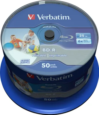 A stack of Verbatim Blu-ray discs in a blue spindle.
