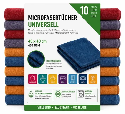 Produktbild von Microfasertücher Universell (sehr Saugstark) 10er Set 40 x 40 cm, 400 GSM, KI-generiertes Bild