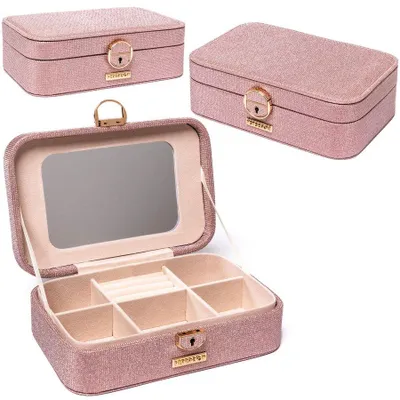 Image de Boîte à bijoux Peterson pour femmes, rose, dimensions : 22,5 x 15 x 7 cm, avec serrure