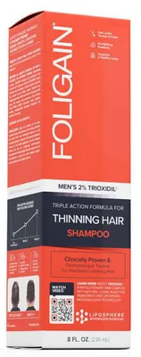Produktbild von Shampoo, Foligain, Dünner werdendes Haar, Trioxydil 2%, Stimuliert das Haarwachstum, für Männer, 236ml