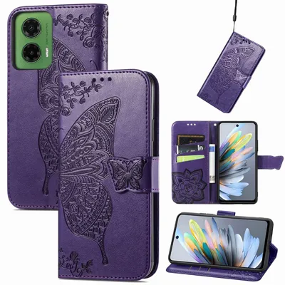 Produktbild von Für Motorola Moto G35 Kunstleder Wallet Handy Tasche Schmetterling Design Hülle Etuis Lila