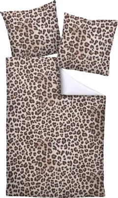 A set of bedding with a leopard print pattern, including a duvet cover and two pillowcases, laid out on a white background.