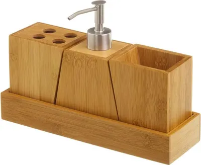Obrázek produktu pro HowHomely | Koupelnové doplňky - Koupelnové doplňky 4-dílná sada - z bambusu - hnědá - Boho