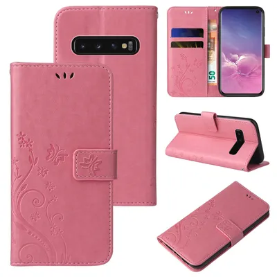 Collage of product images showing a rose gold flip phone case from different angles and in use.