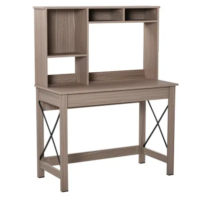 Image de HOMCOM Bureau avec rangement bureau bibliothèque bureau en bois moderne avec étagères et grand plateau pour petits espaces bureau à domicile chambre à coucher, 105 x 50 x 137,5 cm, aspect marron clair