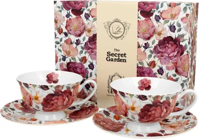 Produktbild von DUO FLORAL 2er-Set königliche Tassen 250 ml SPRING ROSES WHITE mit Untertassen, New Bone China Porzellan