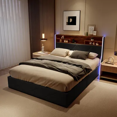 Produktbild von UnboxG Polsterbett 160x200cm mit USB-Anschlüssen, Jugendbett Doppelbett Stauraumbett mit LED, Hydraulisches Boxspringbett, PU, Schwarz