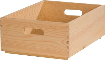 A wooden storage box with handles.