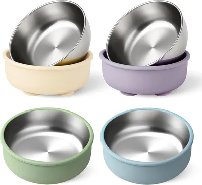 Produktbild von Baby Edelstahl Schüssel mit Saugnapf, abnehmbar Saugteller, Silikon, 304 Anti-Rutsch, Kinder Teller, 4 Farben Set Kindergeschirre