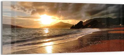 Produktbild von DEQORI Glasbild Echtglas 150x60 cm 'Strand im Sonnenuntergang' Wandbild Bild modern Deko