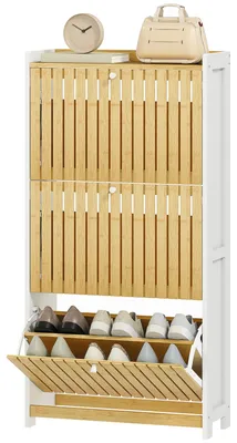 Produktbild von Schuhschrank fš¹r 18 Paar Schuhe mit 3 Klappschubladen, Lamellentš¹ren aus Bambus, 60 x 24 x 118 cm, wei? und naturfarbenes Holz