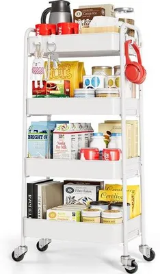 Zdjęcie produktu dla Uniqoos® Wielofunkcyjny metalowy wózek kuchenny, 4 poziomy, z kółkami – 44 x 30,5 x 93 cm, 4 kosze, maksymalne obciążenie 15 kg na poziom, montaż bez użycia narzędzi