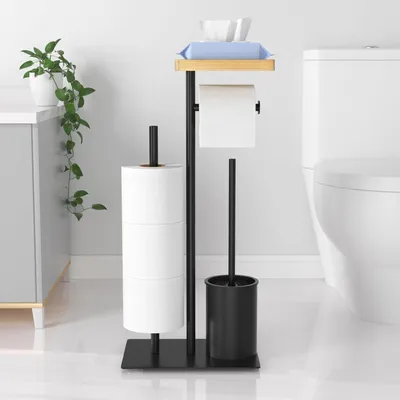 Produktbild von Klopapierhalter Stehend mit Klobürste mit Tablett mit WC Bürste, Silber