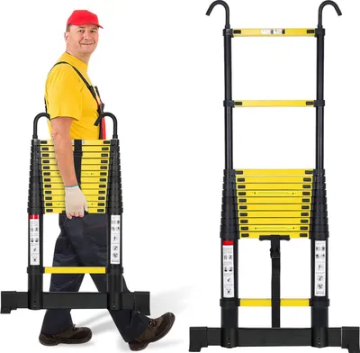 Image de Jayseuw Aluminium Echelle télescopique 3,8M noir, Echelle extensible avec stabilisateur et crochets amovibles, Echelle pliante, Echelle multi-usages, Echelle double, Echelle de ménage, Echelle extérieure, Capacité de charge 150 kg