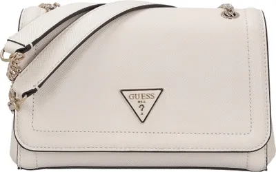A white Guess crossbody handbag is shown against a white background.