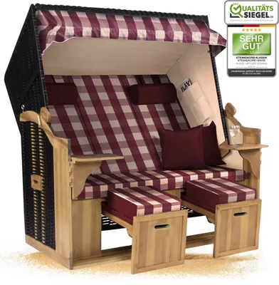 Produktbild von Strandkorb Ostsee 2,5-Sitzer 150cm breit in Schwarz Rot Beige Kariert Montiert ideal für Balkon, Terrasse oder Garten