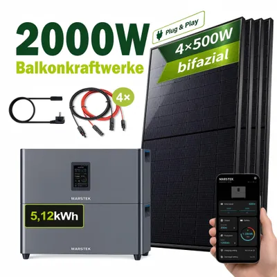 Produktbild von Balkonkraftwerk 2000Wp mit 5,12kWh Speicher, 4x500W bifaziale Glas-Glas Solarmodule, MARSTEK Jupiter C Plus mit Erweiterungsakku