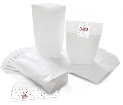 Produktbild von 10 kleine weiße Kreuzbodenbeutel 16,5 x 26 x 6,6 cm + 10 Banderolen 5 x 15 cm DANKE rot graue HERZEN - Papier-Tüten give-aways Mitgebsel Verpackung als Dankeschön für Gäste Kunden Freunde10 Stück