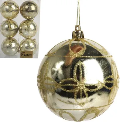 Image de Lot de 6 boules en plastique avec décoration 8 cm couleur or