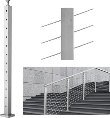 Immagine prodotto di VEVOR Paletto per ringhiera a cavo 106,68x5,08x5,08cm Foro angolato a 30° Paletto per ringhiera 12 fori preforati SUS304 Paletto in acciaio inox con staffa orizzontale e curva Set di 1 argento
