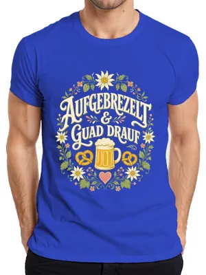 Obrázek produktu pro Tričko s potiskem "Oktoberfest", "Wiesn", "Bayern", "Lederhose" (tradiční bavorské kalhoty), pánské, modré, velikost S