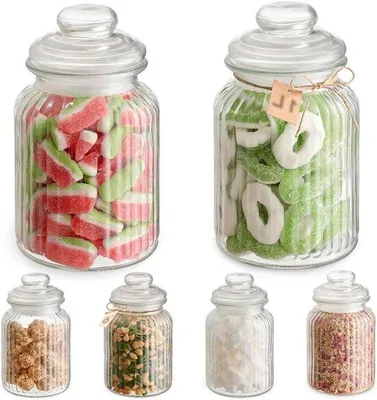 Image de Bocal à bonbons hermétique 1L Vintage - 6 grands bocaux à bonbons avec couvercle & étiquettes - Résistant au lave-vaisselle - Pour biscuits et bonbons