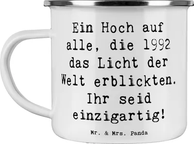 Produktbild von Mr. & Mrs. Panda Teetasse Spruch 1992 Geburtstag Einzigartig - Weiß - Geschenk, Emaille Tasse, Licht der Welt erblickten, personalisierte Geschenke, Geburtstagsgeschenk