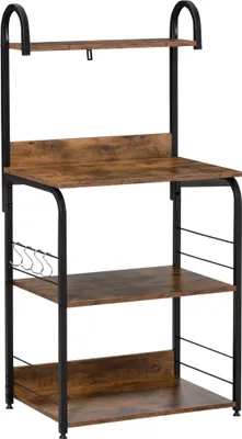 Produktbild von Küchenregal, Standregal mit 3 Ablagen, 4 Haken, Mikrowellenregal für Küche, Esszimmer, Rustikal-Braun, 60 x 40 x 125 cm