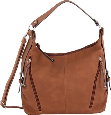 A brown hobo bag is shown against a white background.