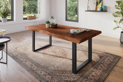 Produktbild von Esstisch 180 x 90 cm Akazie massiv nussbaum Baumkantentisch U-Gestell schwarz ATLAS