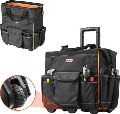 Immagine prodotto di Borsa porta attrezzi VEVOR con ruote, portata 50 kg, 25 tasche, zaino da lavoro con manico telescopico regolabile e base robusta, borsa porta attrezzi per elettricisti, settore edile, 460x270x430 mm