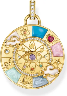 Image de Pendentif Roue de la fortune doré avec symboles cosmiques