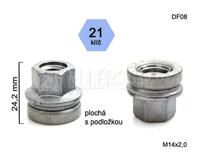 Obrázek produktu pro Kolová matice M14x2,0 otevřená s plochou podložkou, Ford, klíč 21, DF08, výška 24